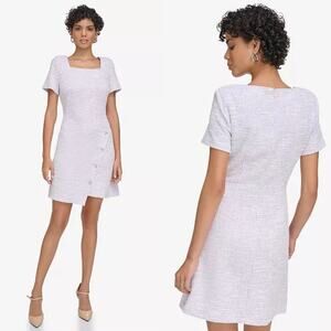 Calvin Klein Short-Sleeve Faux-Wrap Sheath Dress Tweed Purple NWT Size 12P